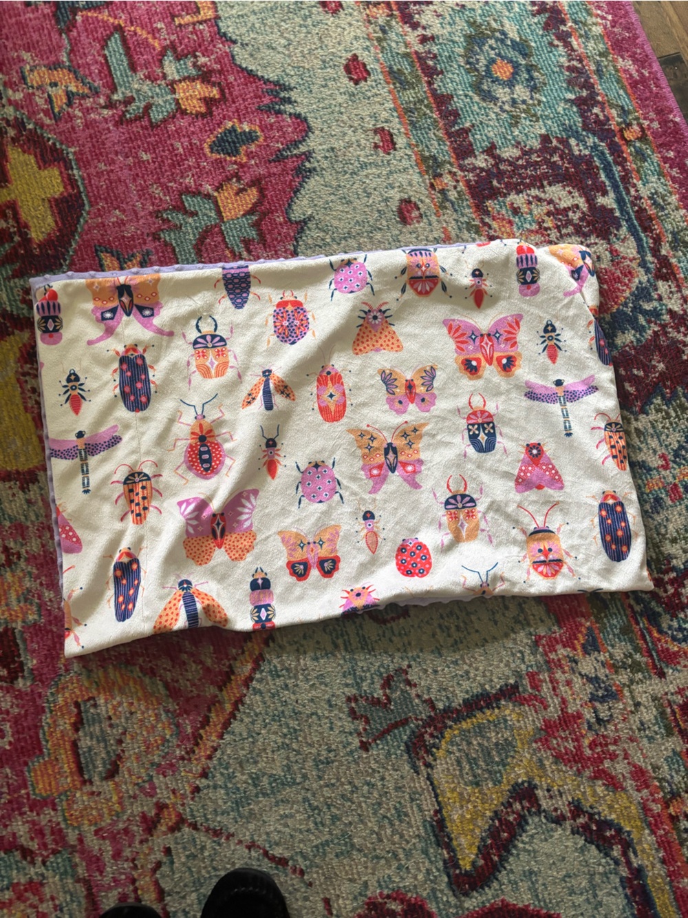 Whimsical Bug Print standard pillowcase and 41x42 minky blanket